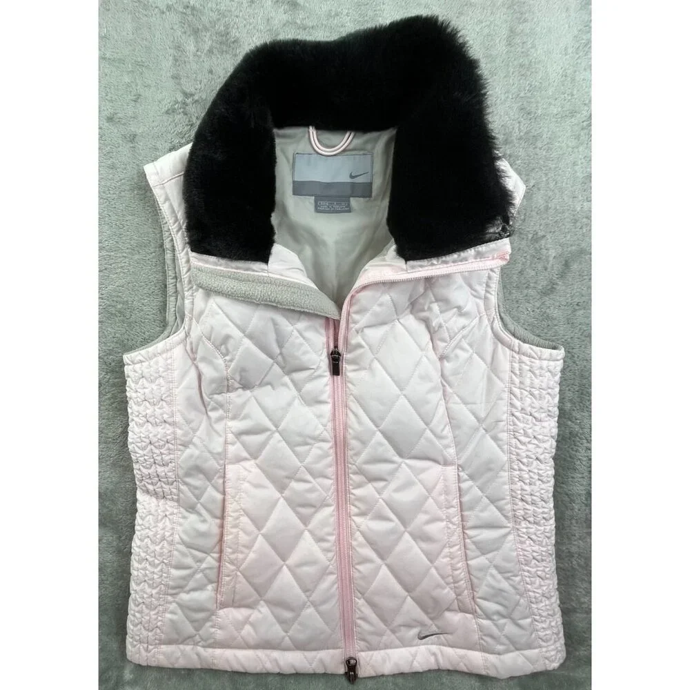Vintage Nike Quilted Vest Womens Small Pink Faux Fur Collar Running Full Zip Y2K - Picture 10 of 14